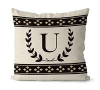 BAGEYOU Black Olive Branch Letter Pillow Case Diamond Pattern Monogram Initial U Decor Throw Cushion Cover for Sofa Couch 18 x 18 Inch Linen Pillowcase, Double Sided Printing