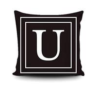 BAGEYOU Black Pillow Cover with White Letter Monogram U and Stripes English Alphabet Initial Decorative Square Throw Cushion Case for Bed Sofa Couch 16 x 16 Inch Pillowcase, Double Sided Print