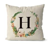 BAGEYOU Burlap Flower Letter Pillow Cover Floral Wreath Monogram Initial H Decorative Square Throw Cushion Case for Bed Sofa Couch 18 x 18 Inch Linen Pillowcase, Double Sided Print