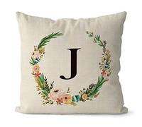 BAGEYOU Burlap Flower Letter Pillow Cover Floral Wreath Monogram Initial J Decorative Square Throw Cushion Case for Bed Sofa Couch 16 x 16 Inch Linen Pillowcase, Double Sided Print