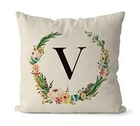 BAGEYOU Burlap Flower Letter Pillow Cover Floral Wreath Monogram Initial V Decorative Square Throw Cushion Case for Bed Sofa Couch 18 x 18 Inch Linen Pillowcase, Double Sided Print
