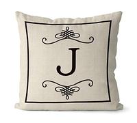 BAGEYOU Burlap Letter Pillow Cover Monogram Initial J English Alphabet Decorative Square Throw Cushion Case for Bed Sofa Couch 16 x 16 Inch Linen Pillowcase, Double Sided Print