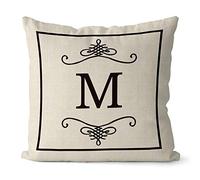 BAGEYOU Burlap Letter Pillow Cover Monogram Initial M English Alphabet Decorative Square Throw Cushion Case for Bed Sofa Couch 16 x 16 Inch Linen Pillowcase, Double Sided Print
