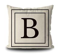 BAGEYOU Burlap Pillow Cover with Black Letter Monogram B and Stripes English Alphabet Initial Decorative Square Linen Throw Cushion Case for Bed Sofa Couch 16 x 16 Inch Pillowcase, Double Sided Print