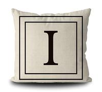 BAGEYOU Burlap Pillow Cover with Black Letter Monogram I and Stripes English Alphabet Initial Decorative Square Linen Throw Cushion Case for Bed Sofa Couch 16 x 16 Inch Pillowcase, Double Sided Print