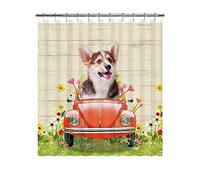 BAGEYOU Dog Lover Shower Curtain Lovely Welsh Corgi Pembroke in the Bettle Car among the Floral Plants Garden Bathroom Decoration Curtains with 12 Hooks Waterproof Polyester Fabric 72"x80"