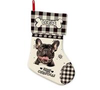 BAGEYOU French Bulldog Dog with Black Plaid Christmas Stocking Merry Christmas Snowflake Custom Hanging Stockings for Home Party Decor 14.4"