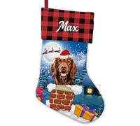BAGEYOU Irish Setter Dog in the Chimney Christmas Stocking Red Black Buffalo Plaid Personalized Xmas Tree Hanging Stockings for Home Party Decor 14.4"