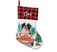 BAGEYOU Japanese Chin Dog in the Truck Christmas Stocking Custom Red Black Plaid Xmas Tree Hanging Stockings for Home Party Decor 14.4"