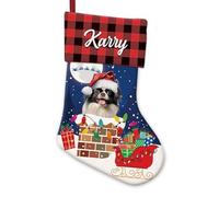 BAGEYOU Japanese Chin Dog on the Chimney Decor Christmas Stocking Red Black Buffalo Plaid Customized Hanging Stockings for Home Party Decor 14.4"
