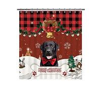 BAGEYOU Merry Christmas Cute Labrador Dog Shower Curtain Buffalo Check Plaid Snowflake Bell Winter Xmas Decorative Bath Curtain with 12 Hooks 72X80 Inch