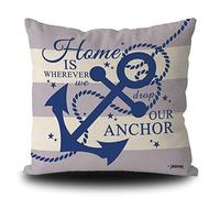 BAGEYOU Nautical Navy Blue Anchor Rustic Pillow Cover Home is Where We Drop Our Anthor Summer Seasonal Decor Throw Cushion Case 20 x 20 Inch Linen Square PillowCase for Sofa Couch Car