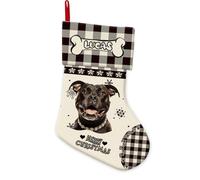 BAGEYOU Staffordshire Bull Terrier Dog with Black Plaid Christmas Stocking Merry Christmas Snowflake Custom Hanging Stockings for Home Party Decor 14.4"