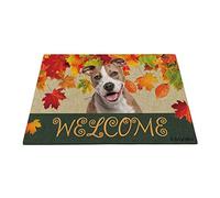 BAGEYOU Welcome Fall with My Favorite Dog Staffordshire Terrier Outdoor Doormat Maple Leaf Harvest Season Rustic Decor Porch Rugs Floor Mat 27.5" x 17.7"