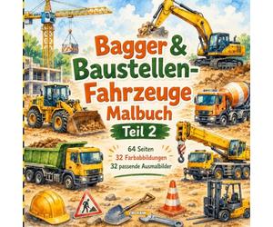 Bagger & Baustellen-Fahrzeuge Malbuch Teil 2: 32 wunderschöne Aquarellbilder und 32 passende Ausmalbilder für kleine Baustellenfans