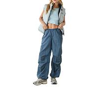Baggy Cargo Pants for Women Low Waist Drawstring Loose Jogger Trousers with Pocket Hippie Punk Parachute Pants (Light Blue, L)