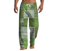 Baggy Cotton Linen Pants Men Hippie Color Block Patchwork Leisure Trousers Elasticated Waist Drawstring Straight Leg Casual Summer Lightweight Beach Trousers for Men UK