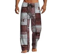 Baggy Cotton Linen Pants Men Japanese Style Hippie Color Block Patchwork Leisure Trousers Elasticated Waist Drawstring Straight Leg Casual Summer Lightweight Beach Trousers for Men UK