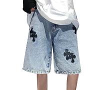Baggy Distressed Denim Shorts Unisex Y2k Pants Gothic Clothes Harajuku Cargo Jeans Shorts (Color : Blue, Size : M)
