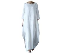 Baggy Dresses for Women UK Plus Size Linen Dress Oversized Kaftan Long Dress with Pockets Casual Loose Half Sleeve Maxi Dress Boho Baggy T Shirt Dresses Beach Holiday Solid Elegant Dress Ladies White