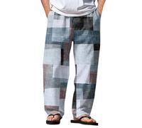 Baggy Hippy Trousers Mens Funny Patterned Hippie Pants Cotton Linen Printed Casual Bottoms Patchwork Pants Bohemian Festival Light Breathable Quick-Dry Hiking Loungepants Hawaiian Holiday Trouser