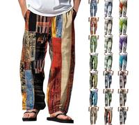 Baggy Hippy Trousers Mens Funny Patterned Hippie Pants Cotton Linen Printed Casual Bottoms Patchwork Pants Bohemian Festival Light Breathable Quick-Dry Hiking Loungepants Hawaiian Holiday Trouser