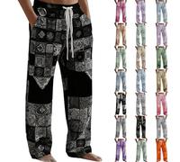 Baggy Hippy Trousers Mens Funny Patterned Hippie Pants Cotton Linen Printed Casual Bottoms Patchwork Pants Bohemian Festival Light Breathable Quick-Dry Hiking Loungepants Hawaiian Holiday Trouser
