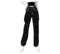 Baggy Jeans Cargo Trousers Women's Black with White Stitching Jeans Harajuku Pants Wide Leg Flared Trousers Modern Boyfriend Jeans Techwear Trousers Slip-On Jeans Y2K Jeans Streetwear Leisure Jeans