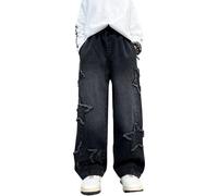 Baggy Jeans for Boys Wide Leg Denim Cargo Pants Elastic Waist Kids Straight Leg Edge Five Pointed Star Jean Spring Casual Trouser Loose Fit with Pockets (Black, 15-16 Years)
