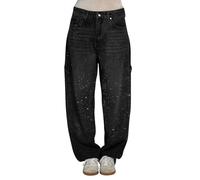 Baggy Jeans for Women Rhinestone Wide Leg Harem Denim Trousers Plus Size High Waisted Washed Distressed Jean with Pockets Fashion Vintage Sequin Going Out Concert Long Pants