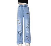 Baggy Jeans Kids Girls Y2K Star Denim Trousers for Teenage Girls Loose Fit Elastic Waist Stretchy Casual Sport Athletic Vacation Streetwear Pants Age 4-15 Years (Blue, 8-10 Years)
