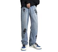 Baggy Jeans Mens Y2k Graphic Jeans Wide Leg Grunge Baggy Pants Denim Streetwear Harajuku Casual Pants (Color : Blue, Size : M)
