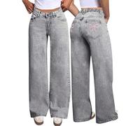 Baggy Jeans Women's Y2K Boyfriend Jeans with Bow Print Low Waist Hip Hop Straight Vintage Denim Trousers Wide Leg Loose Streetwear Slip-On Jeans Casual Trousers Loose Trousers, gray, XXL