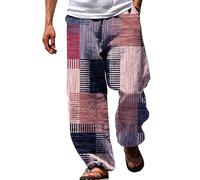 Baggy Mens Summer Beach Trousers, Linen Pants with Elastic Drawstring Waist, 3D Stripe Graphic Print, Lightweight Casual Beachwear with Pockets, Plus Size Loose Fit Summer Trousers for Men Purple
