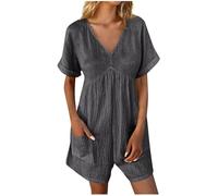 Baggy Overalls for Women Plus Size Jumpsuits One Piece Casual Dungarees Boho Lounge Romper Summer Short Sleeve Beach Vacation Short Playsuits with Pockets