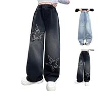 Baggy Wide Leg Jeans for Girls Star Patchwork Print Elastic Waistband Y2K Vintage Kids Denim Pants Loose Fit Casual Trouser High Waisted Straight Leg Fashion Hip Hop Street (Blue, 11-12 Years)