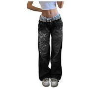Baggy Y2k Women's Boyfriend Jeans - Low Waist 90s Harajuku Streetwear for Teenager Girls, Indie Aesthetic E-Girl Casual Trousers Flare Pants, Black, S