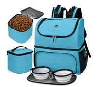 BAGLHER Pet Travel Bag, Double-Layer Pet Supplies Backpack (for All Pet Travel Supplies), Pet Travel Backpack with 2 Silicone Collapsible Bowls and 2 Food Baskets Sky Blue