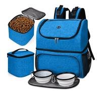 BAGLHER Pet Travel Bag, Double-Layer Pet Supplies Backpack (for All Pet Travel Supplies), Pet Travel Backpack with 2 Silicone Collapsible Bowls and 2 Food Baskets Blue