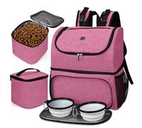 BAGLHER Pet Travel Bag, Double-Layer Pet Supplies Backpack (for All Pet Travel Supplies), Pet Travel Backpack with 2 Silicone Collapsible Bowls and 2 Food Baskets Pink