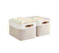 Bagnizer Foldable Storage Baskets for Shelves Closet 2PCS Fabric Small Organizer Box Bins with Handles Waterproof Canvas Box for Clothes, Pet Toys, Office Products 30x20x15CM Beige & White