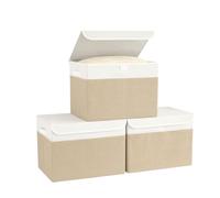 Bagnizer Storage Baskets Bins Foldable with Lids 3PCS Collapsible Wardrobe Storage Boxes Lightweight Storage Box Fabric for Organize Large Box Bedroom Office White&Beige 37x24x24CM