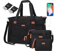 BAGODI Gym Bag for Women, Weekender Overnight Bag with USB Charging Port, Sport Travel Duffel Bag with Wet Pocket & Shoe Compartment, Carry on Tote Bag for Travel/Gym/School 5 Pcs Set