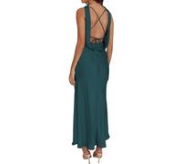 BAGONE Satin Cowl Neck Sleeveless Backless Elegant Wedding Guest Maxi Dresses for Women Silk Open Tie Back Formal Cocktail Dresses, Teal, XL