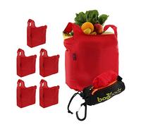 Sturdy Reusable Grocery Bags Foldable and Washable - Made From RipStop Nylon Hold 50lbs - Designed in USA Reusable Shopping Bags Inside a Compact Pod with Carry Clip - 5 Pack in Red