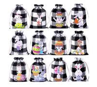 Bags for Easter - 12-pieces Cute Bunny Prints Drawstring Candy Sack - Burlap Bags - for Coworkers Guests Bridesmaid Party Wedding Holiday Christmas Easter