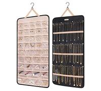 bagsmart Dual-sided Jewellry Organizer Hanging with Metal Hooks,40 Pockets and 3 Wave-Shaped Hooks,Jewelry Roll for Earrings,Necklaces,Rings on Closet,Wall,Door,1 Piece,Extra-Large,Black