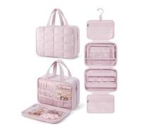 BAGSMART Hanging Toiletry Bag with Jewellery Compartment, Travel Bag for Toiletries, Puffy Makeup Cosmetic Organiser, Carry-on Travel Accessories Essentials, Pink-M
