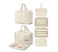 BAGSMART Hanging Toiletry Bag with Jewellery Compartment, Travel Bag for Toiletries, Puffy Makeup Cosmetic Organiser, Carry-on Travel Accessories Essentials, Beige-M