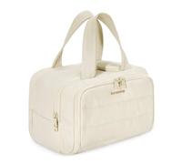BAGSMART Large Toiletry Bag Travel Makeup Bag, 2 Full Open Upright Compartments, Cosmetic Wash Bag with Wet & Brushes Pocket, Essentials Accessories for Women, Beige